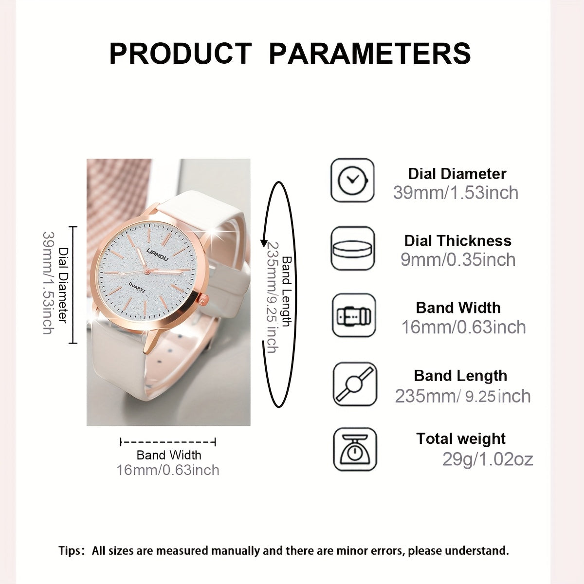 6pcs/Set SOKI Women'S Watch, Glamorous Round Digital Quartz Faux Leather Strap Alloy Case Heart Pendant Necklaces, Earrings, Rings, Bracelets Accessories with Non-rechargeable Button Battery (Diameter<20mm) for Women's, Mot